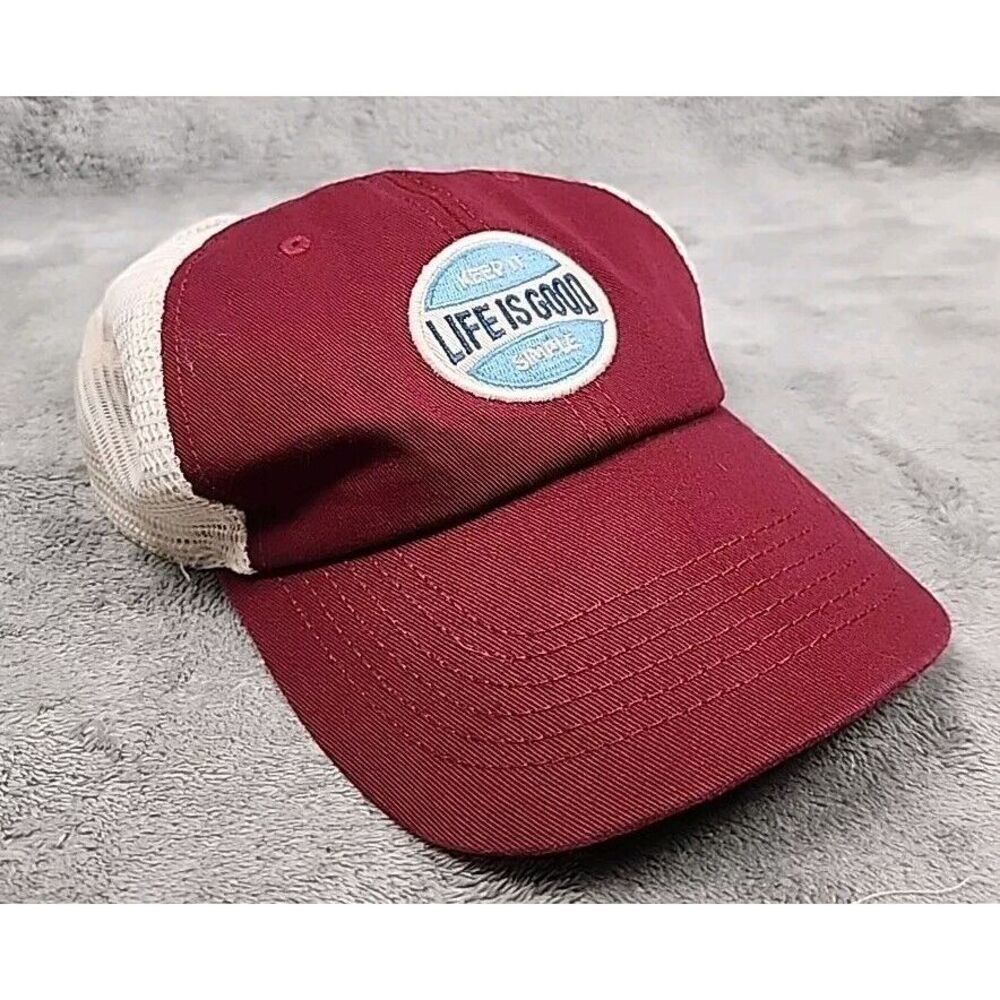 Life is Good Snapback Trucker Hat Mens Maroon White Adjustable Mesh